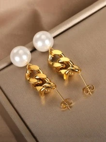 1雙時尚不銹鋼珍珠和鏈條裝飾耳墜適合女士適用於禮品 - 金黃色 - 查看 3