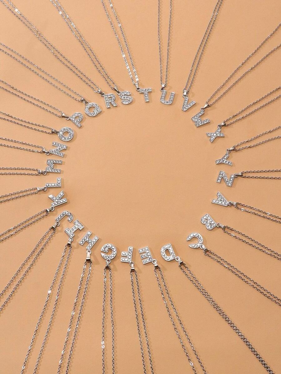 1入組時尚水鑽字母吊墜項鍊適合女士適用於日常首飾配件 - 銀色 - 查看 1
