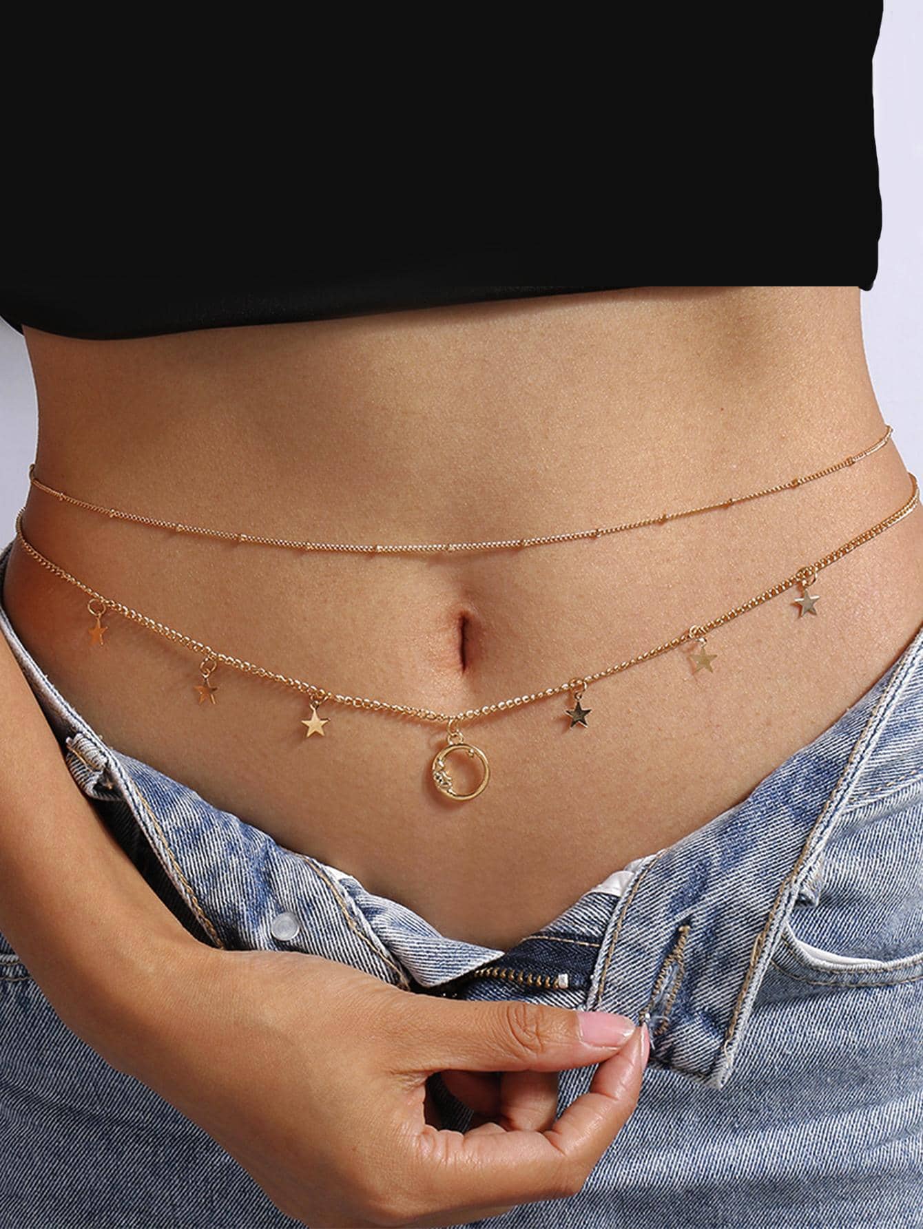 1入組時尚鋅合金月亮細節圓形吊飾腰鏈適合女士適用於日常生活 - 金色 - 查看 1