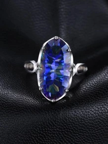 1入組華麗和優雅925純銀精美多面橢圓形凹切巨大自然彩色石英銀戒指適合女士適用於舞會宴會日常裝飾精細首飾類 - 紫色 - 查看 2