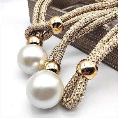 2入組人造珍珠裝飾窗簾綁帶