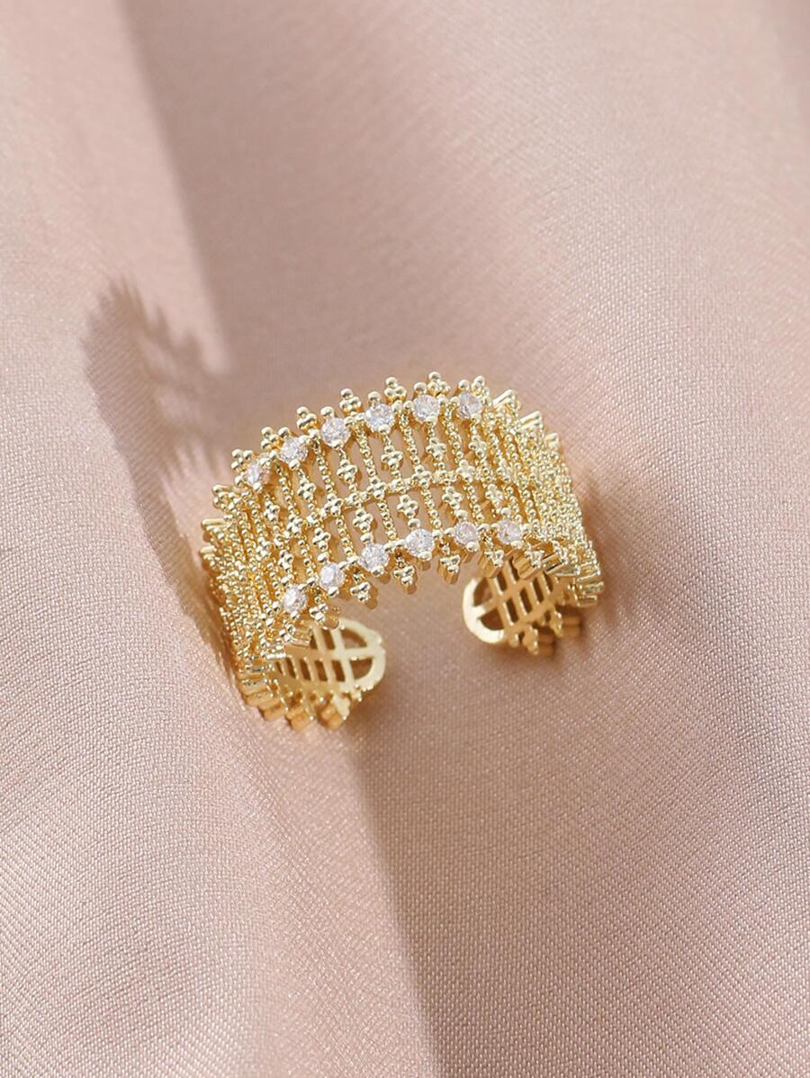 1pc Personalized Hollow Copper Micro-Inlaid Luxurious Floral Lace Metal Open Ring, Multi-Color Options