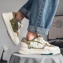 Men Colorblock Lace-up Front Sneakers, Sporty Outdoor Canvas Skate Shoes