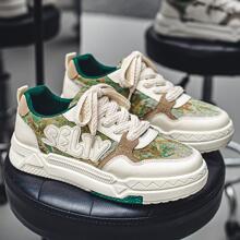 Men Colorblock Lace-up Front Sneakers, Sporty Outdoor Canvas Skate Shoes