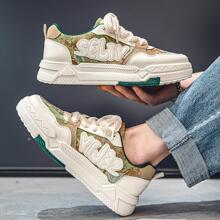 Men Colorblock Lace-up Front Sneakers, Sporty Outdoor Canvas Skate Shoes