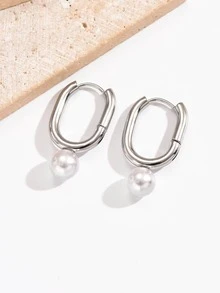 人造珍珠裝飾圓耳環 - 銀色 - 查看 2
