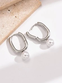 人造珍珠裝飾圓耳環 - 銀色 - 查看 3
