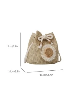 迷你花朵裝飾草編包抽繩設計 - 卡其色 - 查看 2