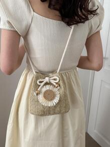 迷你花朵裝飾草編包抽繩設計 - 卡其色 - 查看 3