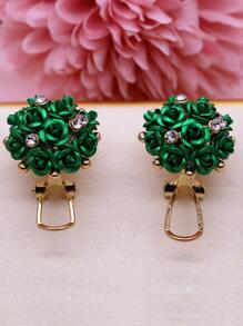Rhinestone & Flower Decor Stud Earrings - Green - View 1