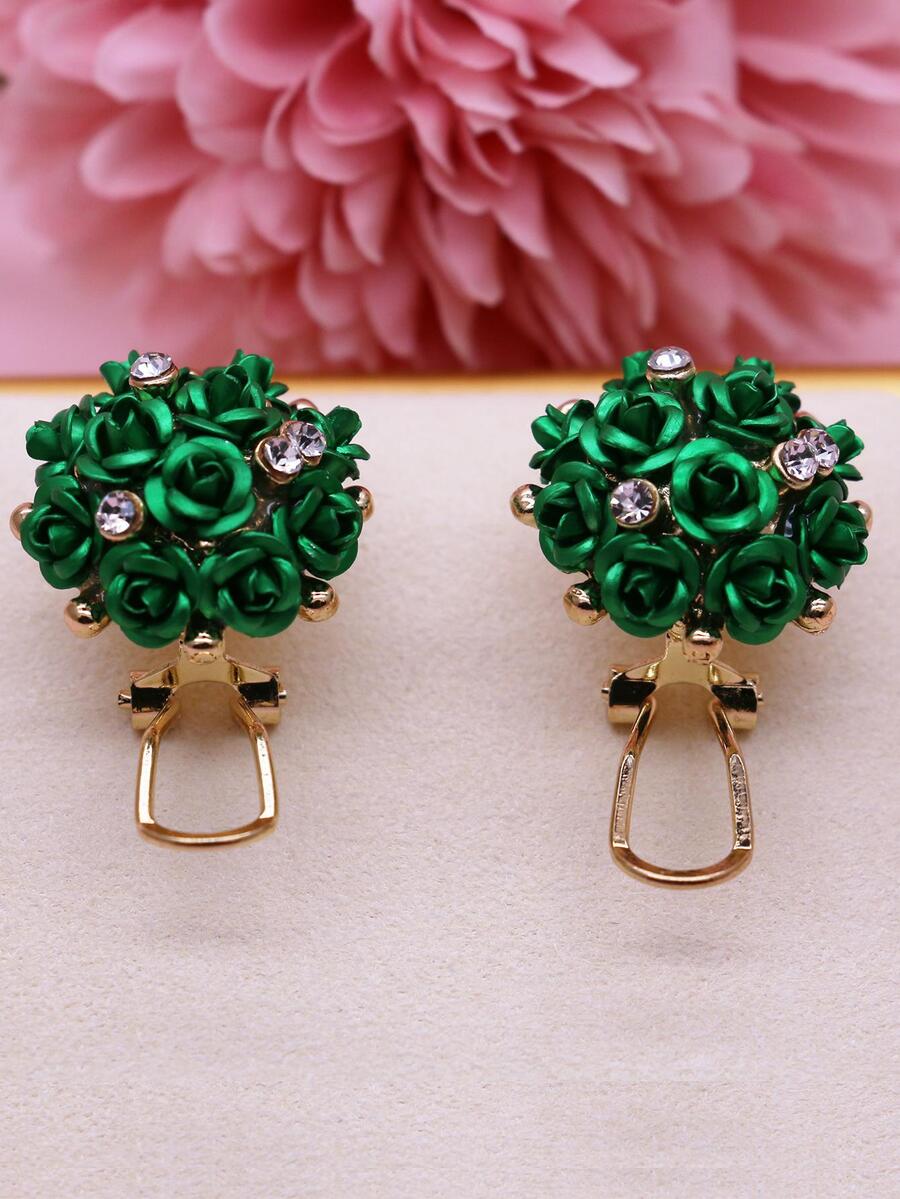 Rhinestone & Flower Decor Stud Earrings - Green - View 1