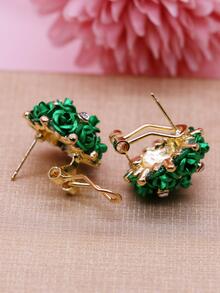 Rhinestone & Flower Decor Stud Earrings - Green - View 2