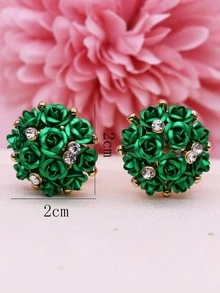 Rhinestone & Flower Decor Stud Earrings - Green - View 3