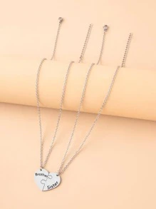 2pcs Fashionable Letter BROTHER & SISTER Detail Heart Pendant Necklace For Women For Daily Jewelry Accessories Valentines,Mom,Mother,Mother's Day,Gift - Silver - View 3