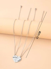 2pcs Fashionable Letter BROTHER & SISTER Detail Heart Pendant Necklace For Women For Daily Jewelry Accessories Valentines,Mom,Mother,Mother's Day,Gift - Silver - View 2