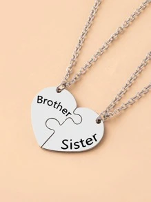 2pcs Fashionable Letter BROTHER & SISTER Detail Heart Pendant Necklace For Women For Daily Jewelry Accessories Valentines,Mom,Mother,Mother's Day,Gift - Silver - View 4