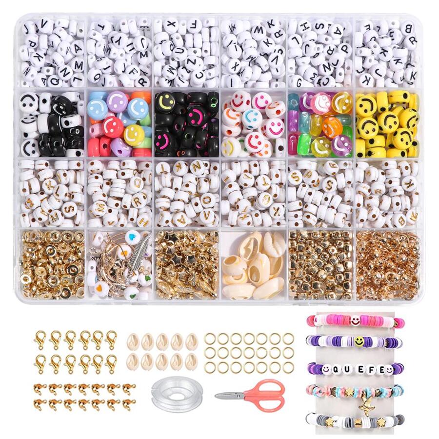 1盒創意笑臉和字母圖案釘珠DIY珠寶製作套件手鍊製作