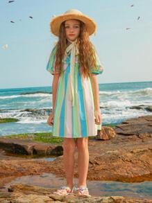 女孩條紋印花泡泡袖連衣裙 - 彩色 - 查看 1