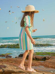 女孩條紋印花泡泡袖連衣裙 - 彩色 - 查看 4