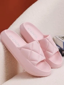 Preppy Slides For Women, Geometric Embossed Single Band EVA Slippers - Pink - View 1