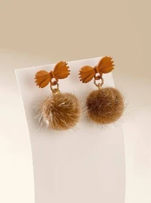 1對時尚蝴蝶結和小絨球耳墜適合女士適用於日常首飾配件 - 咖啡 - 查看 1