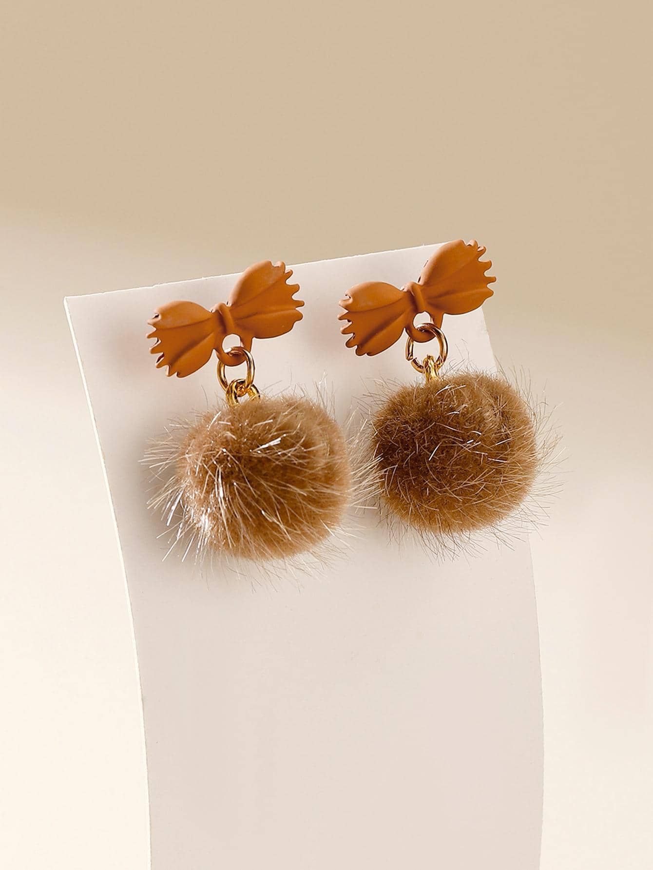 1對時尚蝴蝶結和小絨球耳墜適合女士適用於日常首飾配件 - 咖啡 - 查看 1