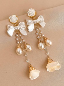 2 件时尚仿珍珠铜链不锈钢耳环配蝴蝶结流苏（均码，运输过程中可能会有轻微划痕，金色珍珠数量随机为 4-12 颗，长度可能因批次而异，但不影响整体外观） - 妈妈礼物、女性礼物、女士耳环、珠宝套装、姐妹礼物、女士珠宝，1 美元 - 金色 - 查看 11