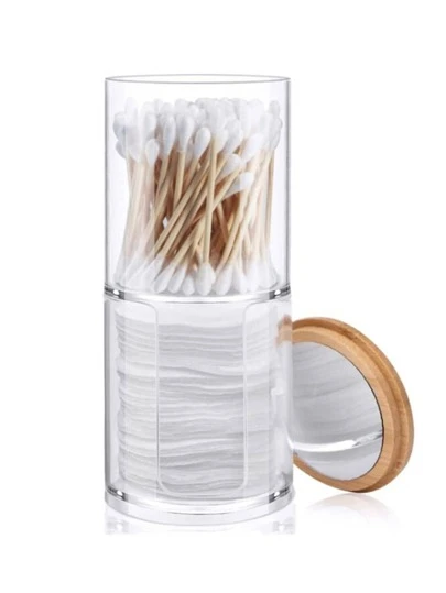 1入組透明雙功能化妝棉和棉籤收納盒帶鏡子和竹蓋