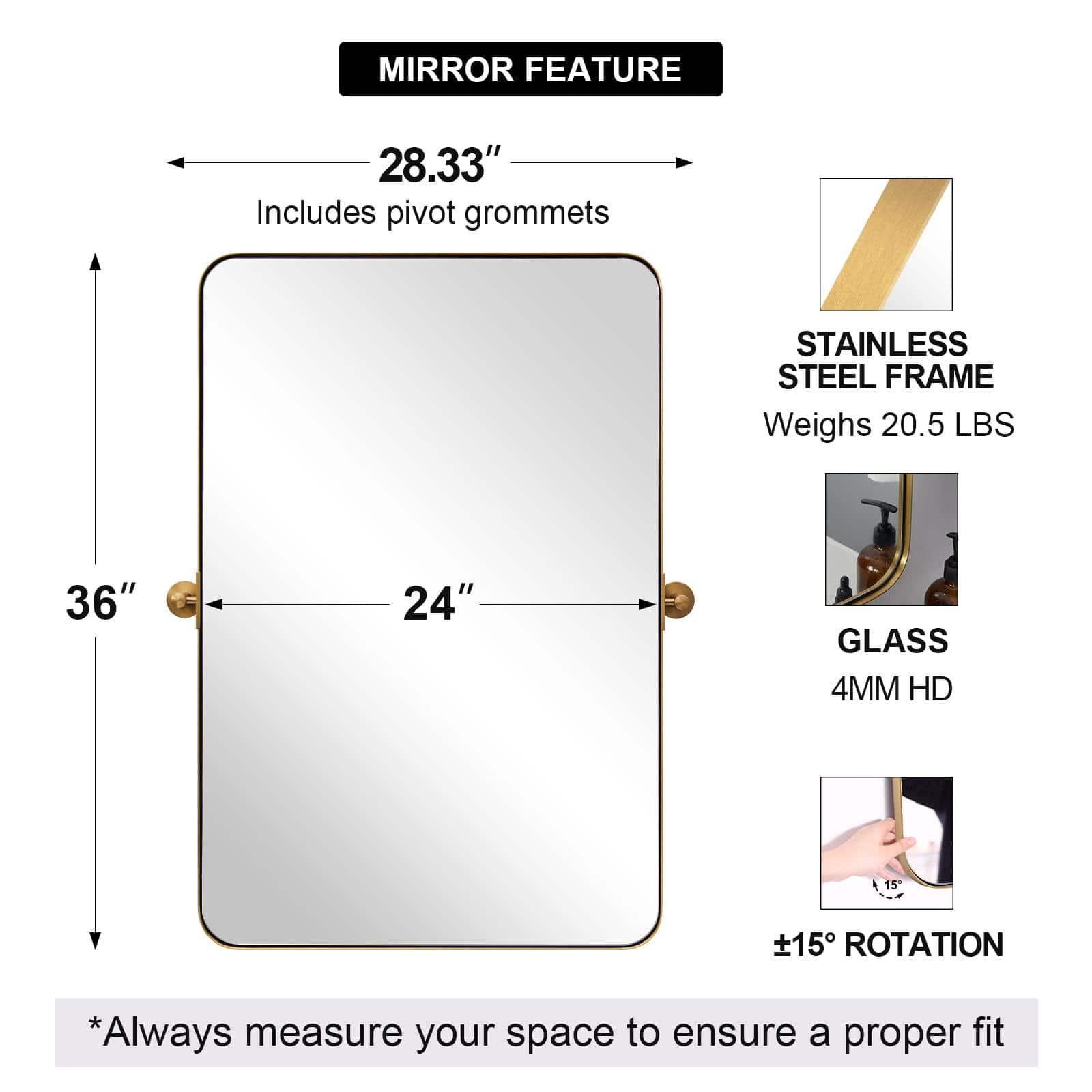24" x 36" Metal Framed Pivot Rectangle Bathroom Mirror for Wall Mounted