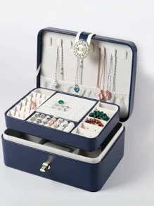 1 pieza Caja de joyería de doble capa lujosa con cerradura - Amplio espacio de almacenamiento para anillos, aretes, collares, pulseras y relojes - Caja de regalo perfecta para el Día de San Valentín para mujeres - Azul Marino - Ver 3