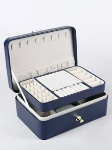 1 pieza Caja de joyería de doble capa lujosa con cerradura - Amplio espacio de almacenamiento para anillos, aretes, collares, pulseras y relojes - Caja de regalo perfecta para el Día de San Valentín para mujeres - Azul Marino - Ver 2