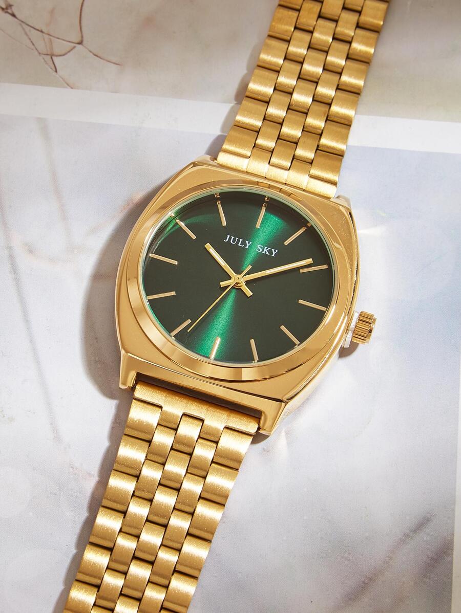 JULYSKY 1只金色時尚極簡不銹鋼手表，配矩形錶盤且為石英運動，適用作為假日禮物 - 綠色 - 查看 1
