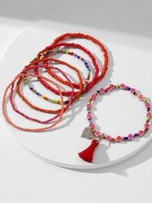 7 件/套波西米亞風格彩色串珠心形流蘇腳鍊女孩夏季海灘腳手鍊首飾 - 彩色 - 查看 3