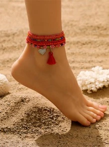 7 件/套波西米亞風格彩色串珠心形流蘇腳鍊女孩夏季海灘腳手鍊首飾 - 彩色 - 查看 1