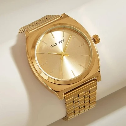 JULYSKY 1只金色時尚簡約不鏽鋼錶帶石英錶，配棒狀刻度盤，是節日禮物的理想選擇