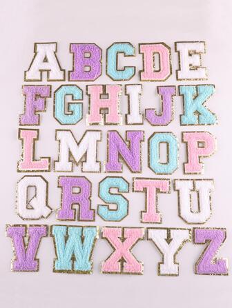 26pcs Letter Design Iron-on Patch, DIY Sewing Patch, For Clothing, Bag, Hat