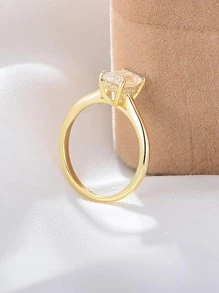 1pc S925 Sterling Silver Geometric Rectangular Cubic Zirconia Wedding Ring For Women, Minimalist Design - Yellow Gold - View 4