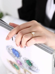 1pc S925 Sterling Silver Geometric Rectangular Cubic Zirconia Wedding Ring For Women, Minimalist Design - Yellow Gold - View 6