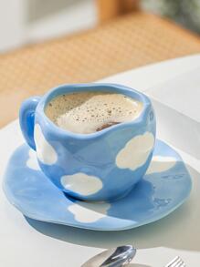 1pc Cloud Pattern Cup And 1pc Saucer, Creative Blue Porcelain Coffee Cup For Home - Blue - View 9