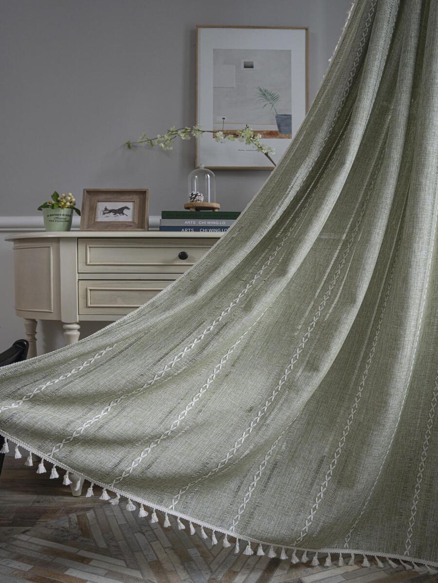 Bubaba 1 pieza Cortina opaca de jacquard de punto verde, cortina decorativa para dormitorio de estilo nórdico bohemio con diseño de rayas calado, apto para cocina, dormitorio, comedor, sala de estar, cortina para oscurecer, decoración navideña, para todo el año