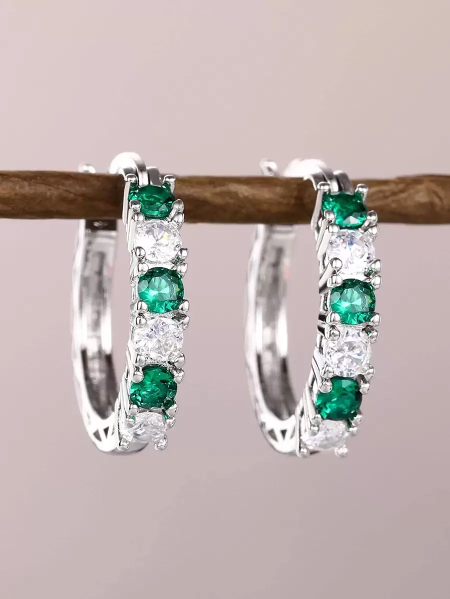 一对时尚立方氧化锆耳环，女士结婚纪念日、订婚派对、情人节礼物、送给妈妈的礼物、母亲节礼物 - 綠色 - 查看 1