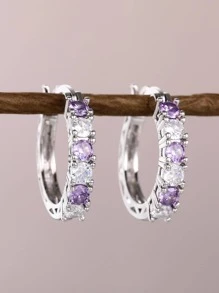 一对时尚立方氧化锆耳环，女士结婚纪念日、订婚派对、情人节礼物、送给妈妈的礼物、母亲节礼物 - 紫色 - 查看 4