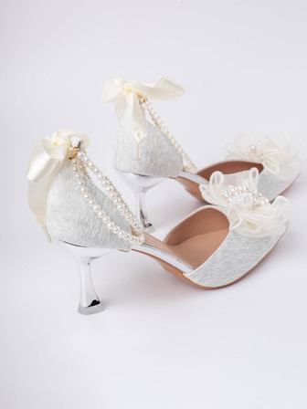 Fashionable Ankle Strap Pumps For Women, Faux Pearl & Bow Decor Pyramid Heeled Pumps