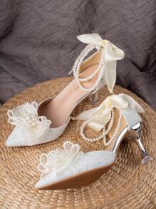 Fashionable Ankle Strap Pumps For Women, Faux Pearl & Bow Decor Pyramid Heeled Pumps