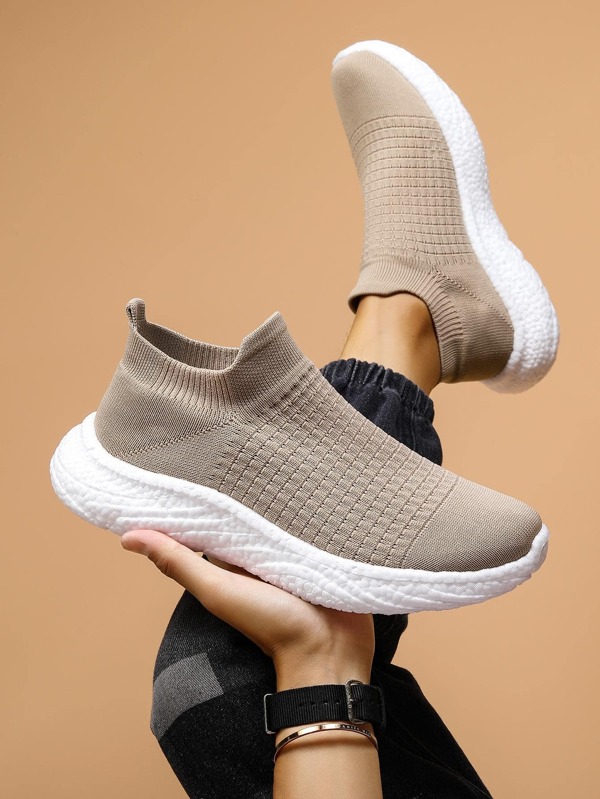 Sporty Running Shoes For Women, Knit Detail Slip-on Sneakers