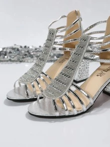 Glamorous Gladiator Sandals For Women, Metallic Rhinestone Decor Chunky Heeled Sandals - Silver - View 5