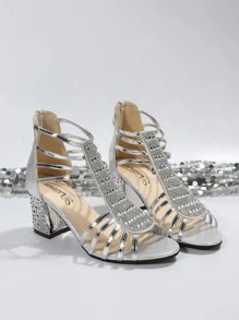Glamorous Gladiator Sandals For Women, Metallic Rhinestone Decor Chunky Heeled Sandals - Silver - View 4