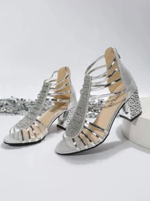 Glamorous Gladiator Sandals For Women, Metallic Rhinestone Decor Chunky Heeled Sandals - Silver - View 8