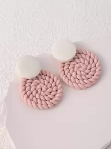 1pair Bohemian Light Pink Two Tone Braided Detail Round Decor Earrings For Women For Spring Summer Decoration - Baby Pink - View 3
