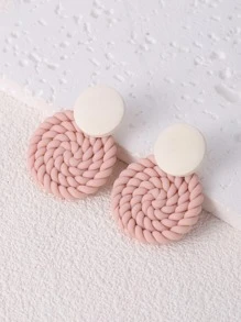1pair Bohemian Light Pink Two Tone Braided Detail Round Decor Earrings For Women For Spring Summer Decoration - Baby Pink - View 2